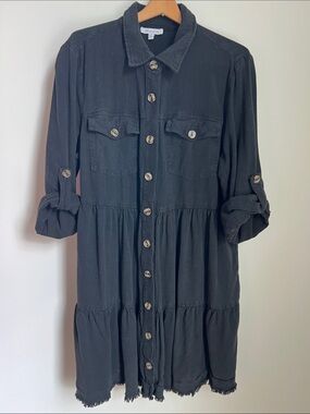 White Birch | Cotton Blend Black Tiered Button-Front Shirt Dress #D90042XL Sz S